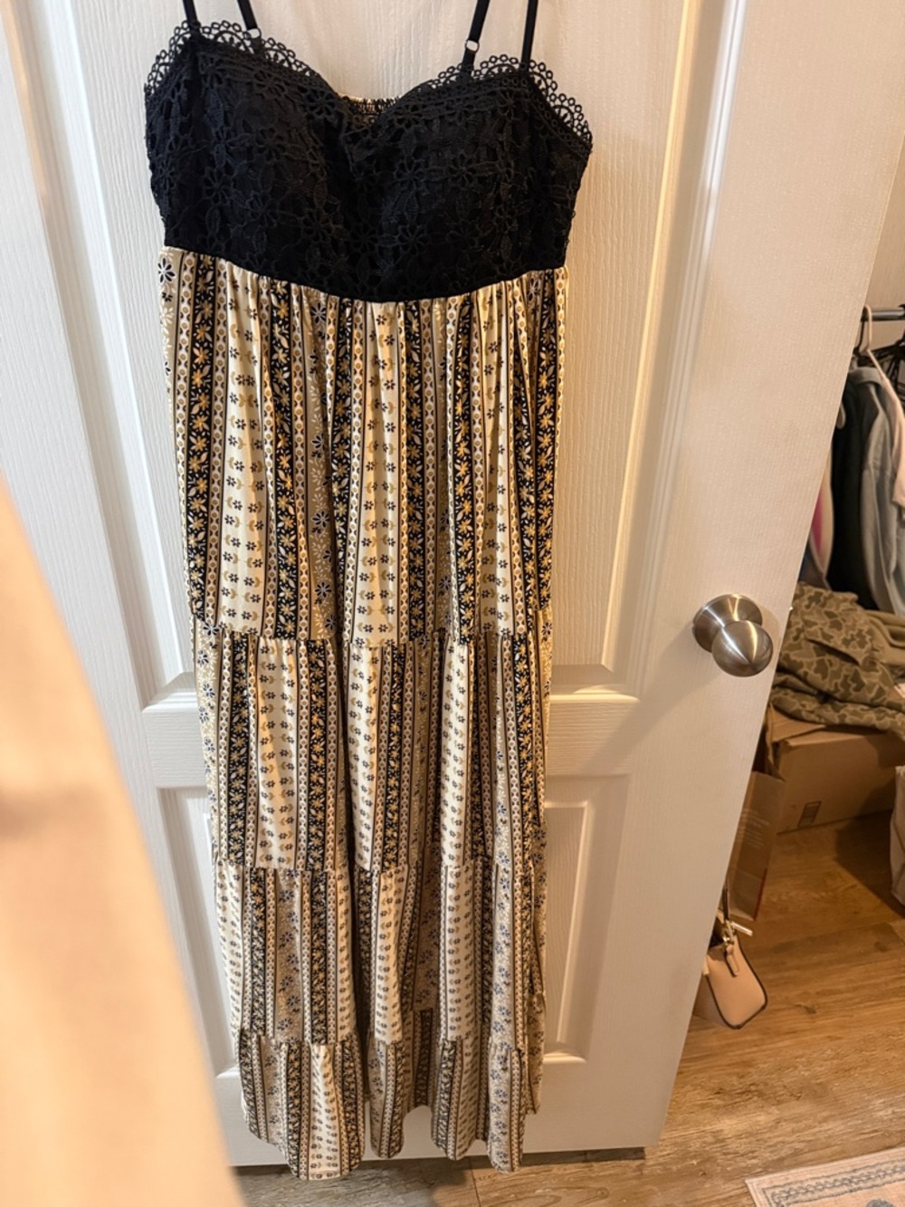 No Boundaries Black Lace Bodice Striped Maxi Dress